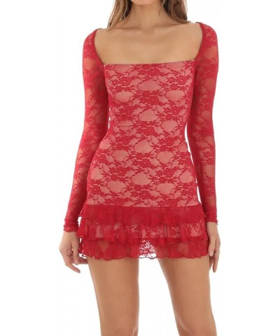 Women Y2K Lace Bodycon Mini Dress Square Neck Long Sleeve Bustier Dress Floral Lace Going Out Party Dress Q-red Sheer $11.48 ...