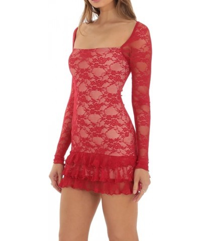 Women Y2K Lace Bodycon Mini Dress Square Neck Long Sleeve Bustier Dress Floral Lace Going Out Party Dress Q-red Sheer $11.48 ...