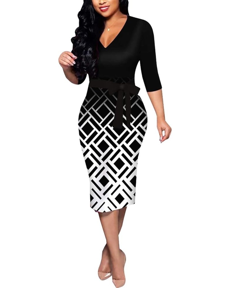 Women's Sexy 3/4 Sleeve Church Dress V Neck Floral Printed Work Pencil Midi Office Dresses Belted D-multicolor $16.56 Dresses