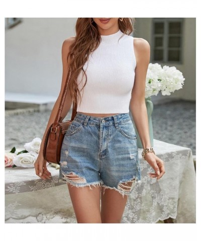 Women's Summer Ribbed Knit Round Neck Sleeveless Slim Fit Crop Blouse Shirt Halter Neck Tank Top White $9.53 Tanks