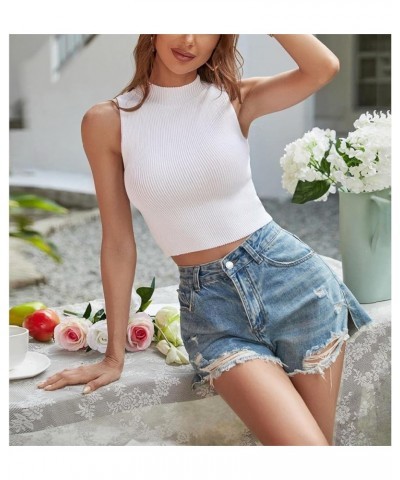 Women's Summer Ribbed Knit Round Neck Sleeveless Slim Fit Crop Blouse Shirt Halter Neck Tank Top White $9.53 Tanks