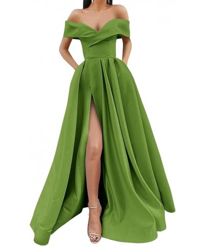 Off Shoulder Long Slit Prom Dresses A-Line Satin Formal Evening Party Gowns with Pockets Olive Green $42.92 Dresses