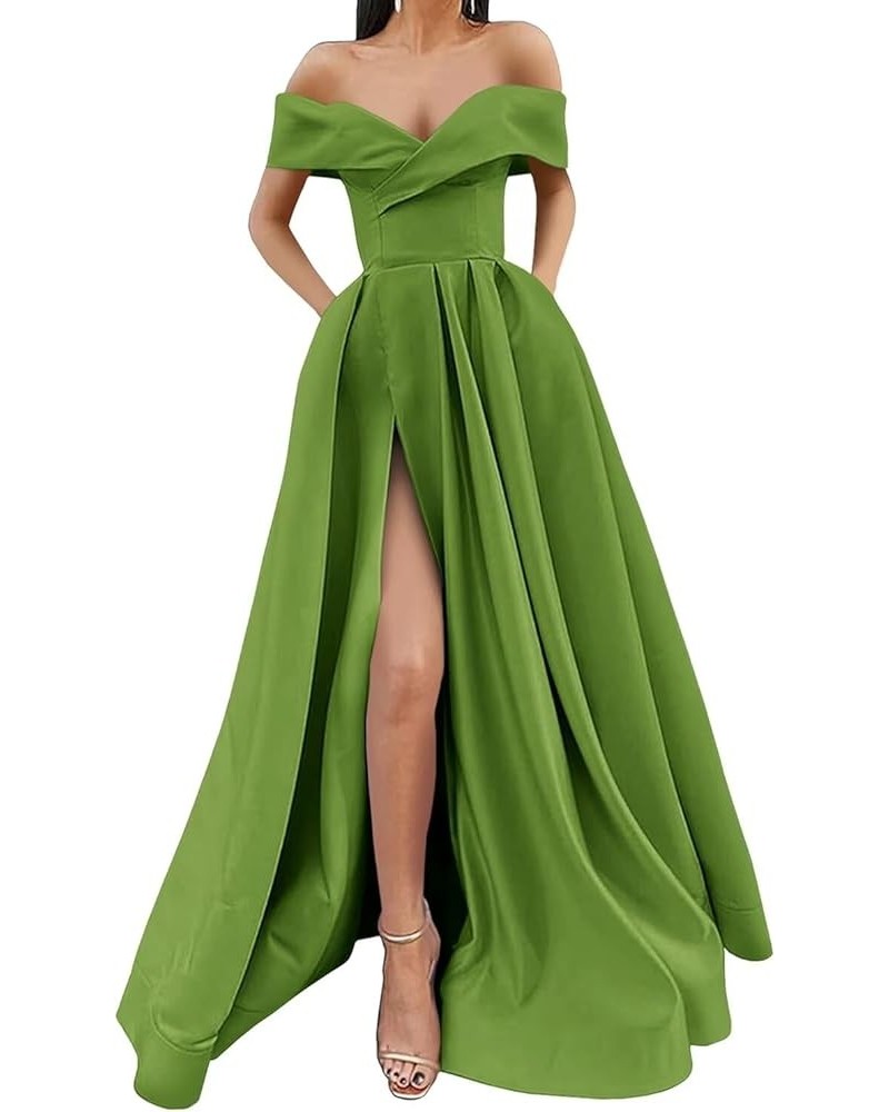 Off Shoulder Long Slit Prom Dresses A-Line Satin Formal Evening Party Gowns with Pockets Olive Green $42.92 Dresses