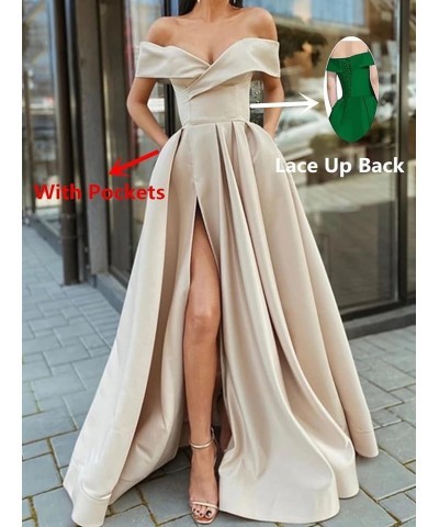 Off Shoulder Long Slit Prom Dresses A-Line Satin Formal Evening Party Gowns with Pockets Olive Green $42.92 Dresses