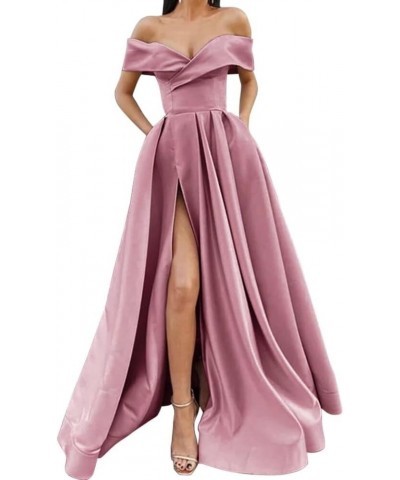 Off Shoulder Long Slit Prom Dresses A-Line Satin Formal Evening Party Gowns with Pockets Olive Green $42.92 Dresses