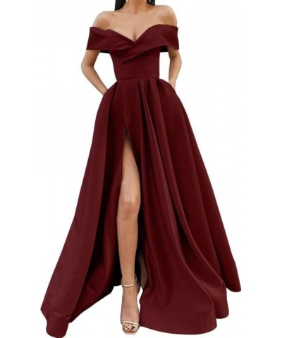 Off Shoulder Long Slit Prom Dresses A-Line Satin Formal Evening Party Gowns with Pockets Olive Green $42.92 Dresses