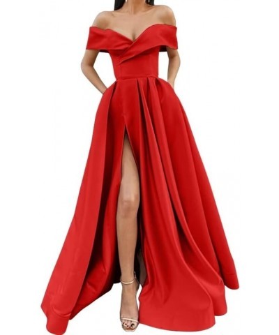 Off Shoulder Long Slit Prom Dresses A-Line Satin Formal Evening Party Gowns with Pockets Olive Green $42.92 Dresses