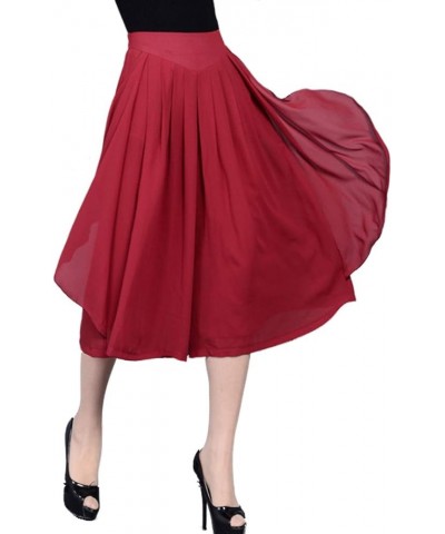 Women's High Elastic Waist Pleated Chiffon Wide Leg Capri Pants Culottes Red $13.91 Others