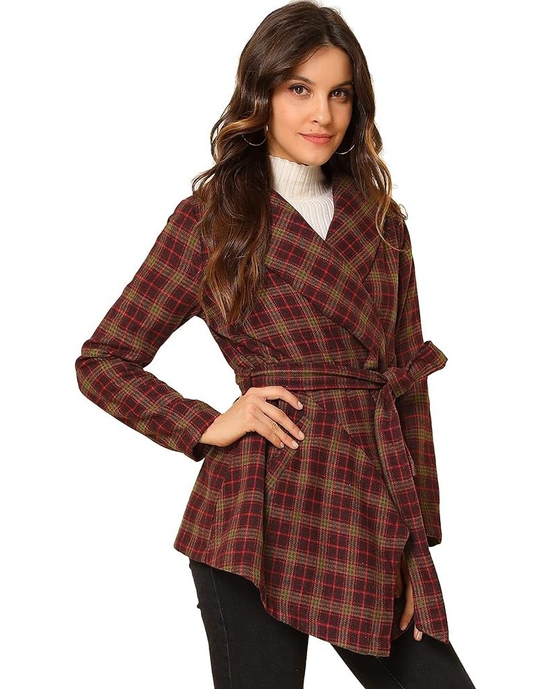 Women's Turn Down Collar Asymmetric Hem Thin Plaids Wrap Coat Dark Red $24.00 Coats