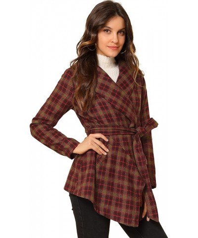 Women's Turn Down Collar Asymmetric Hem Thin Plaids Wrap Coat Dark Red $24.00 Coats