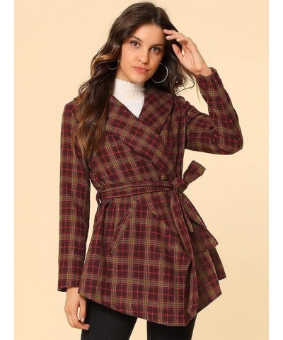 Women's Turn Down Collar Asymmetric Hem Thin Plaids Wrap Coat Dark Red $24.00 Coats