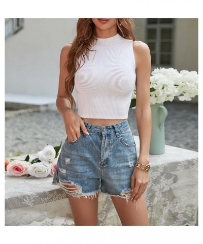 Women's Summer Ribbed Knit Round Neck Sleeveless Slim Fit Crop Blouse Shirt Halter Neck Tank Top White $9.53 Tanks