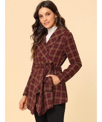 Women's Turn Down Collar Asymmetric Hem Thin Plaids Wrap Coat Dark Red $24.00 Coats