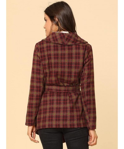 Women's Turn Down Collar Asymmetric Hem Thin Plaids Wrap Coat Dark Red $24.00 Coats