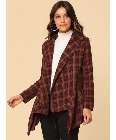 Women's Turn Down Collar Asymmetric Hem Thin Plaids Wrap Coat Dark Red $24.00 Coats