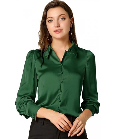 Women's Satin Blouse Puff Sleeve Point Collar Spring Vintage Button Down Shirt Tops Green $19.43 Blouses