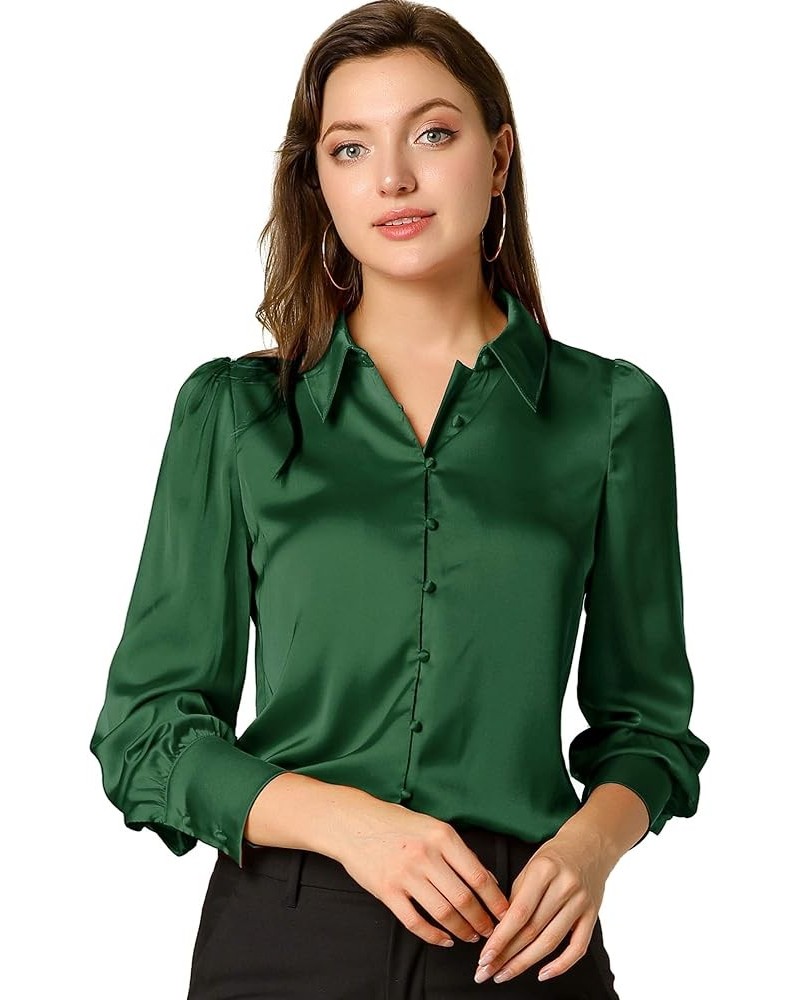 Women's Satin Blouse Puff Sleeve Point Collar Spring Vintage Button Down Shirt Tops Green $19.43 Blouses