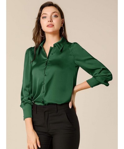 Women's Satin Blouse Puff Sleeve Point Collar Spring Vintage Button Down Shirt Tops Green $19.43 Blouses