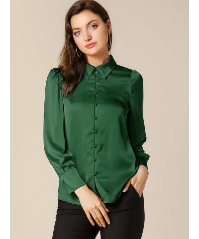 Women's Satin Blouse Puff Sleeve Point Collar Spring Vintage Button Down Shirt Tops Green $19.43 Blouses