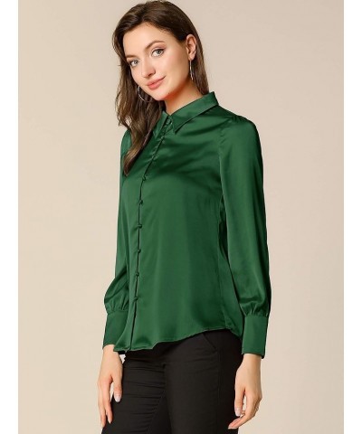 Women's Satin Blouse Puff Sleeve Point Collar Spring Vintage Button Down Shirt Tops Green $19.43 Blouses