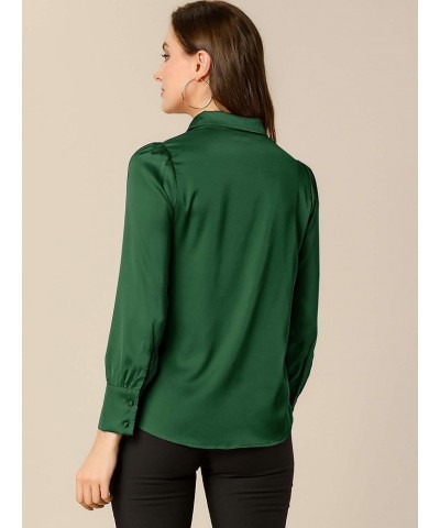 Women's Satin Blouse Puff Sleeve Point Collar Spring Vintage Button Down Shirt Tops Green $19.43 Blouses