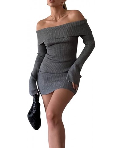 Off Shoulder Mini Sweater Dress Knit Bodycon Long Sleeve Off Shoulder Short Dress Y2k Ribbed Pullover Tunic Dress Grey One $1...