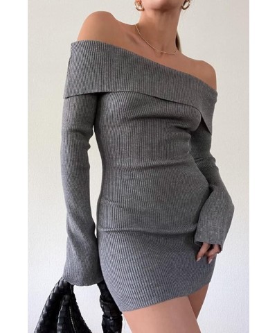 Off Shoulder Mini Sweater Dress Knit Bodycon Long Sleeve Off Shoulder Short Dress Y2k Ribbed Pullover Tunic Dress Grey One $1...