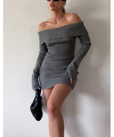 Off Shoulder Mini Sweater Dress Knit Bodycon Long Sleeve Off Shoulder Short Dress Y2k Ribbed Pullover Tunic Dress Grey One $1...