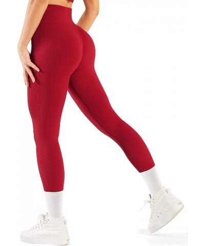 Women's Seamless Workout Yoga Biker Shorts Ribbed High Waist Athletic Leggings C Red Leggings $9.51 Activewear