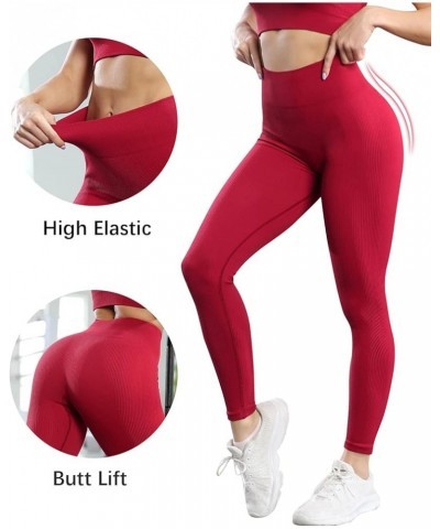 Women's Seamless Workout Yoga Biker Shorts Ribbed High Waist Athletic Leggings C Red Leggings $9.51 Activewear