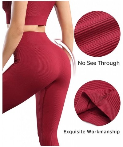 Women's Seamless Workout Yoga Biker Shorts Ribbed High Waist Athletic Leggings C Red Leggings $9.51 Activewear