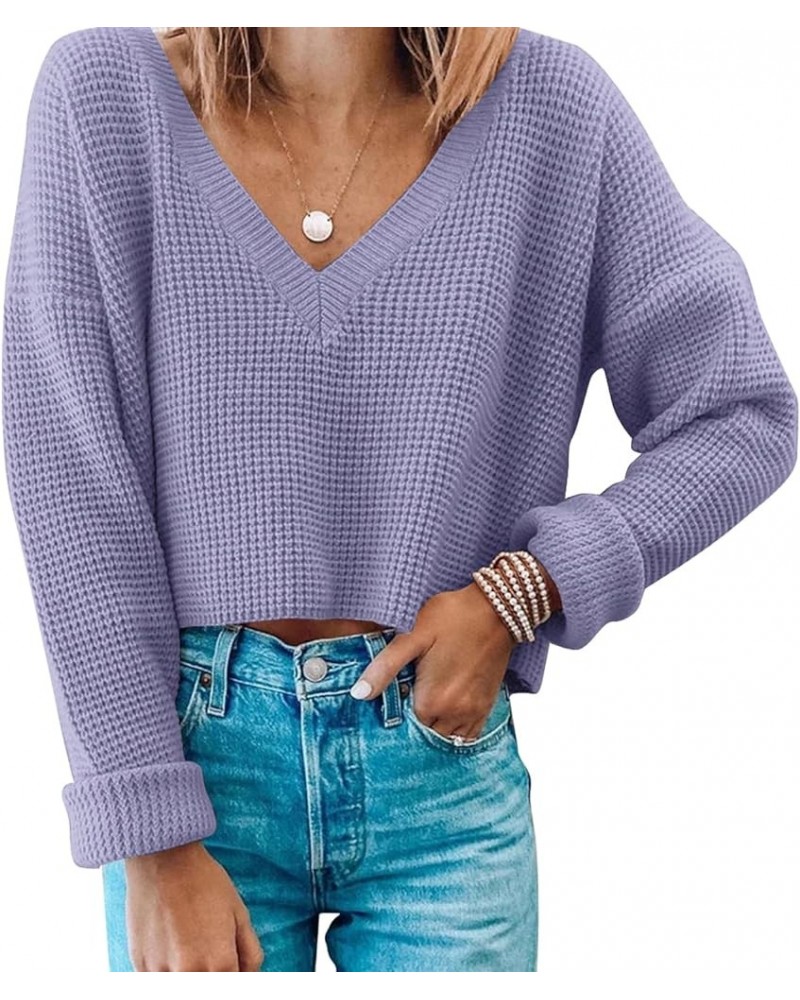 Womens V Neck Waffle Knit Cropped Top Long Sleeve Pullover Crop Sweater Purple $19.37 Activewear