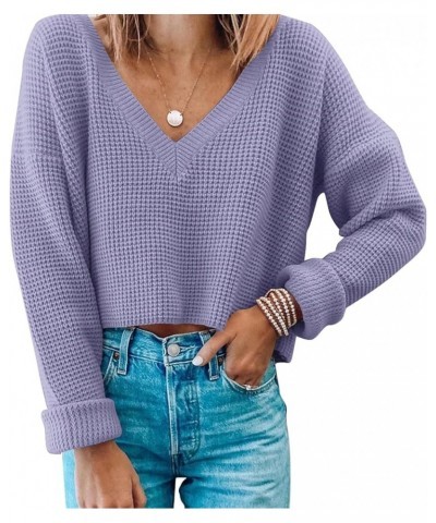 Womens V Neck Waffle Knit Cropped Top Long Sleeve Pullover Crop Sweater Purple $19.37 Activewear