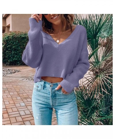 Womens V Neck Waffle Knit Cropped Top Long Sleeve Pullover Crop Sweater Purple $19.37 Activewear