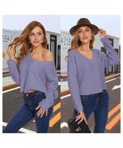 Womens V Neck Waffle Knit Cropped Top Long Sleeve Pullover Crop Sweater Purple $19.37 Activewear