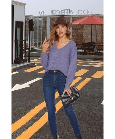 Womens V Neck Waffle Knit Cropped Top Long Sleeve Pullover Crop Sweater Purple $19.37 Activewear