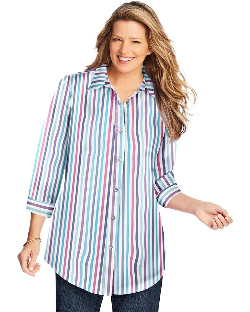 Women's Plus Size Perfect Three Quarter Sleeve Shirt Multi Stripe $19.20 Tops