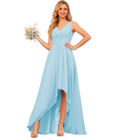 Women's V Neck Bridesmaid Dresses for Teens Pleated High Low Formal Dresses with Pockets YMS143 Sky Blue $32.50 Dresses