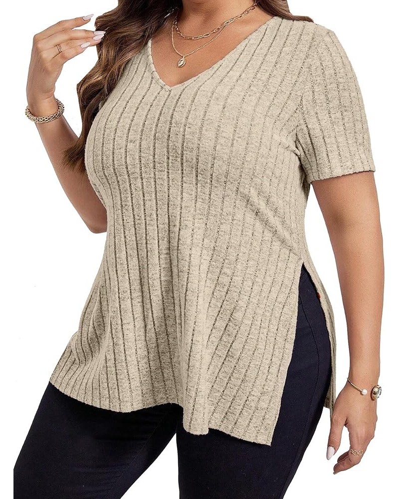 Womens Plus Size Tops Casual V Neck Short Sleeve Shirts Split Hem Blouses Summer 2XL-5XL Apricot $11.88 Tops