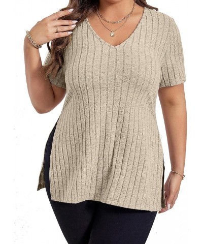 Womens Plus Size Tops Casual V Neck Short Sleeve Shirts Split Hem Blouses Summer 2XL-5XL Apricot $11.88 Tops