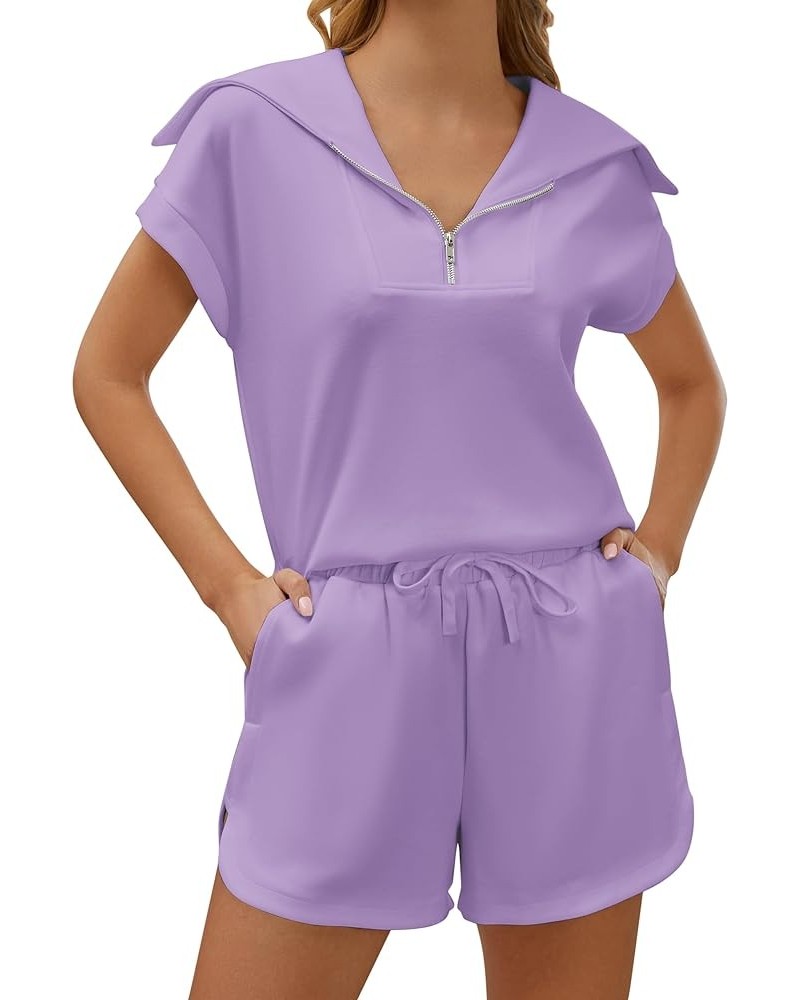 Women Sweatsuits Two Piece Outfits Half Zip Lapel Short Sleeve Sweatshirt and High Waisted Shorts Casual Tracksuit Purple $22...