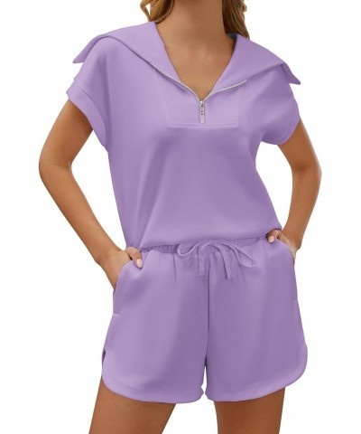 Women Sweatsuits Two Piece Outfits Half Zip Lapel Short Sleeve Sweatshirt and High Waisted Shorts Casual Tracksuit Purple $22...