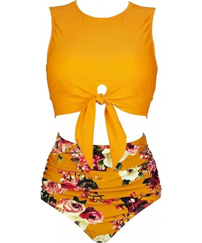 Women's Retro High Waist Ruched Bikini Set Tie Front Knot Tank Top Two Piece Tankini Ruffle Swimsuit Zinnia Yellow $10.57 Swi...