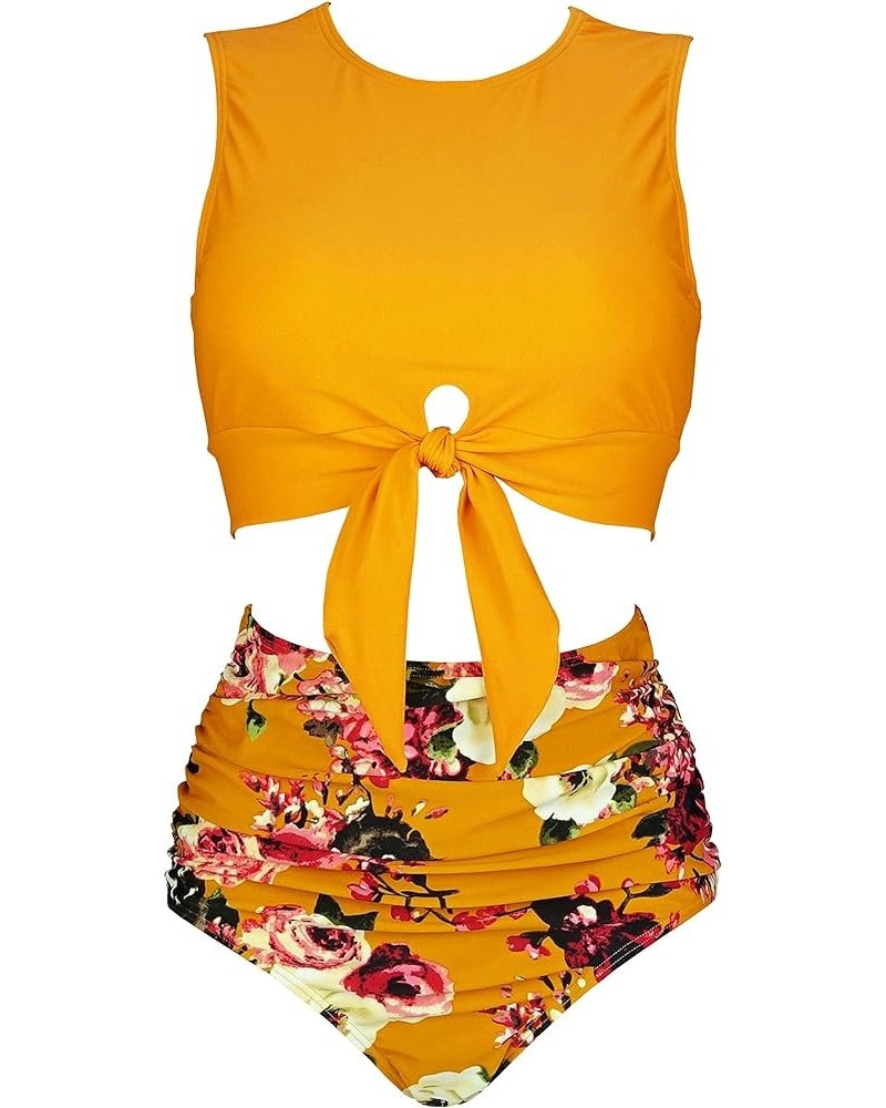 Women's Retro High Waist Ruched Bikini Set Tie Front Knot Tank Top Two Piece Tankini Ruffle Swimsuit Zinnia Yellow $10.57 Swi...