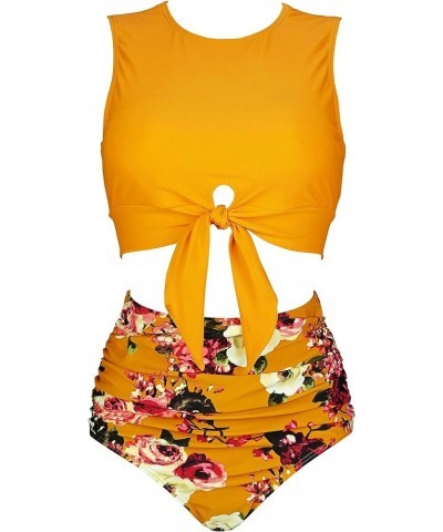 Women's Retro High Waist Ruched Bikini Set Tie Front Knot Tank Top Two Piece Tankini Ruffle Swimsuit Zinnia Yellow $10.57 Swi...