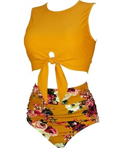 Women's Retro High Waist Ruched Bikini Set Tie Front Knot Tank Top Two Piece Tankini Ruffle Swimsuit Zinnia Yellow $10.57 Swi...