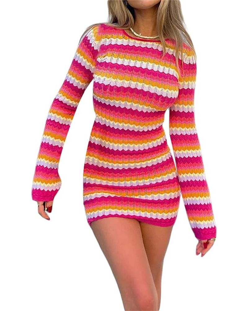 Knitted Cutout Bodycon Dresses Long Sleeve Crochet Dresses Deep V Neck Backless Mini Rib Knit Dress Striped Red $13.02 Dresses