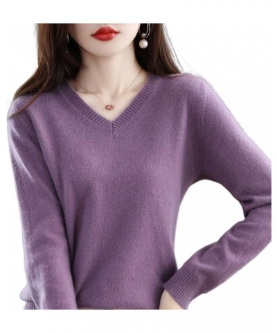 2023 Women's Pure Cashmere Long Sleeve Pullover V Neck Sweater Spring New Solid Color Knitted Sweater Dark Purple $30.15 Swea...