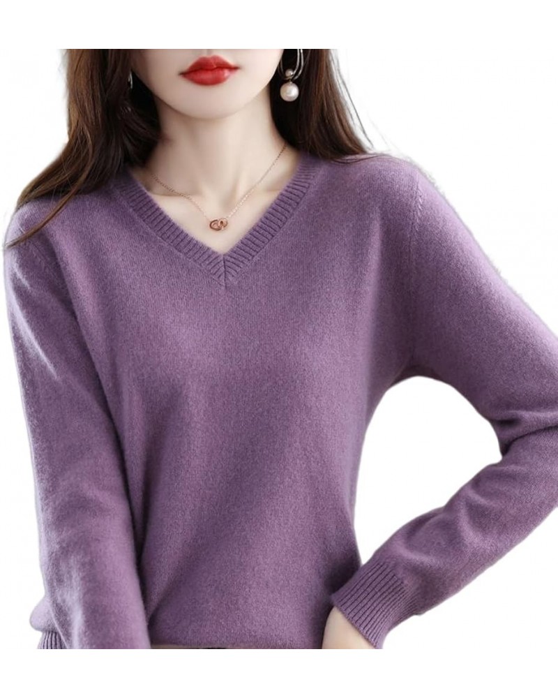 2023 Women's Pure Cashmere Long Sleeve Pullover V Neck Sweater Spring New Solid Color Knitted Sweater Dark Purple $30.15 Swea...