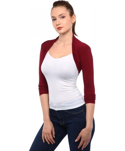 Women Long Sleeve Bolero Shrug Cropped Open Front Cardigan Jacket Burgundy $10.50 Sweaters